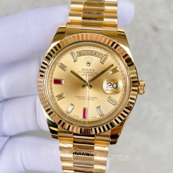 Daydate II Yellow Gold Champagne Dial with Baguette and Ruby Gem Numberal (Discontinue)