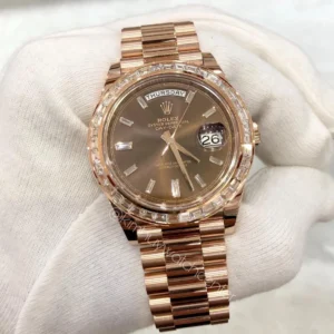 Rolex DAYDATE II Chocolate Dial with Baguette Diamond Bezel Everose Gold