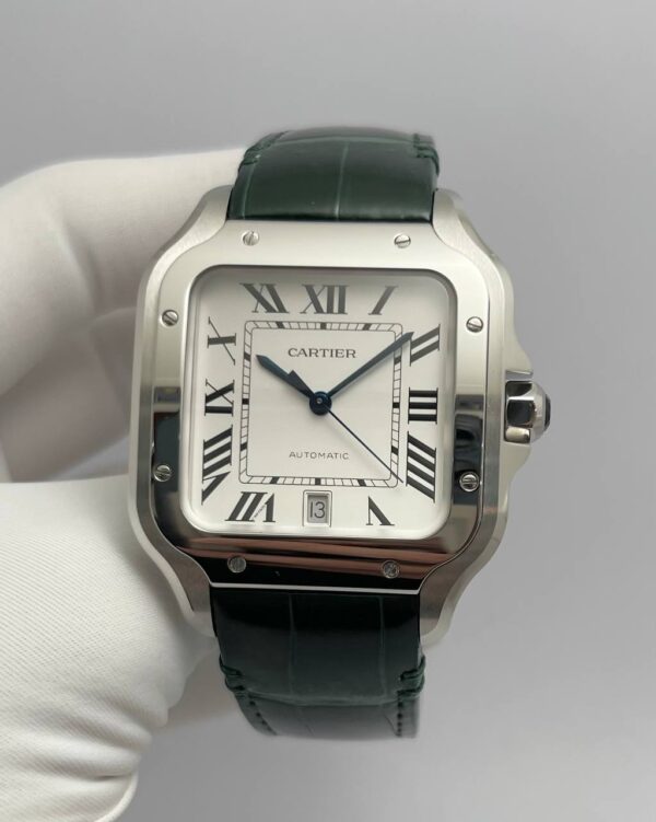 Cartier de Santos White Dial Stainless Steel with Green Alligator Strap - Image 2