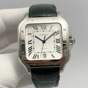 Cartier de Santos White Dial Stainless Steel with Green Alligator Strap