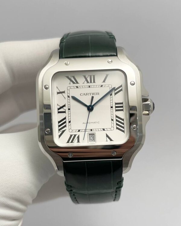 Cartier de Santos White Dial Stainless Steel with Green Alligator Strap