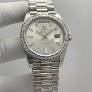 Rolex Daydate Factory Baguette Diamonds Numerals Silver Dial